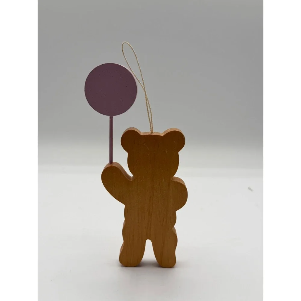 Vintage Style Wooden Teddy Bear Baby's 1st Christmas Ornament Pink Balloon Brown